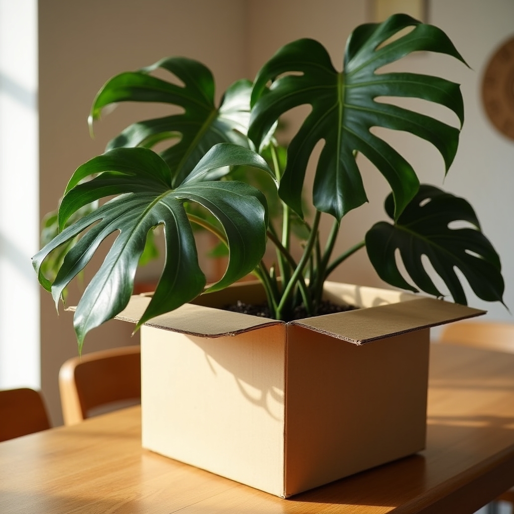Monstera plant being unboxed from a Totoka Wokapa subscription box on a wooden table