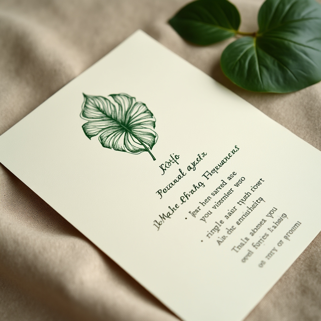 Close-up of a detailed plant care card with handwritten-style instructions and botanical illustration