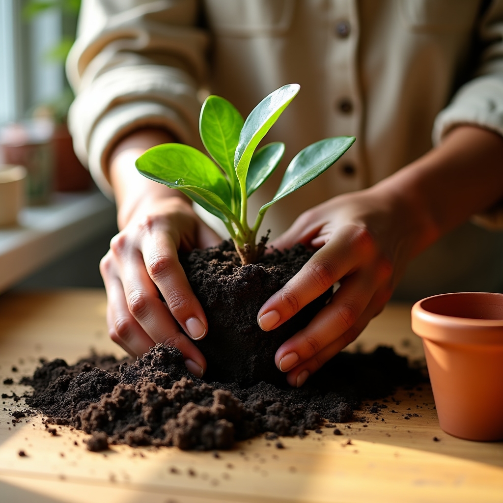 Close-up of hands gently repotting a small green house plant into fresh soil on a wooden surface with natural light from the side