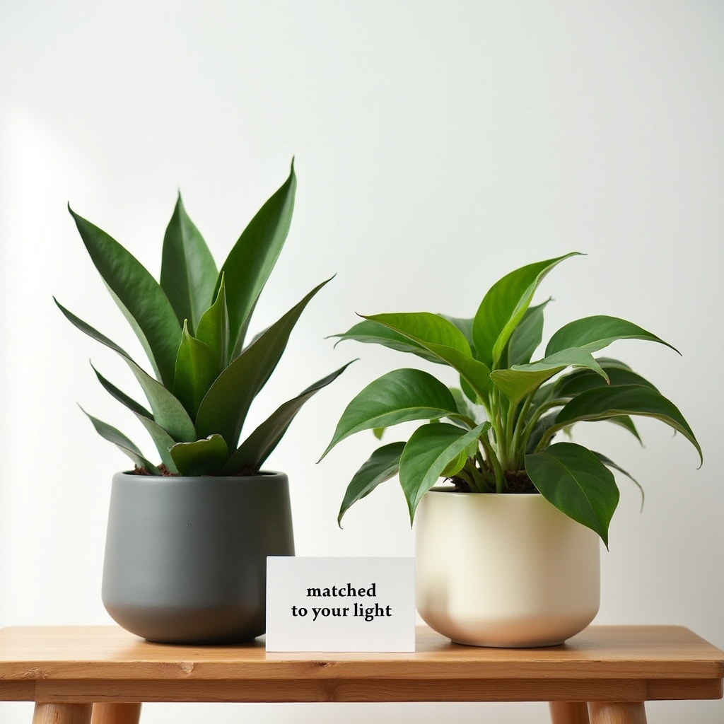 Two different house plants side by side demonstrating low-light versus bright-light plant varieties