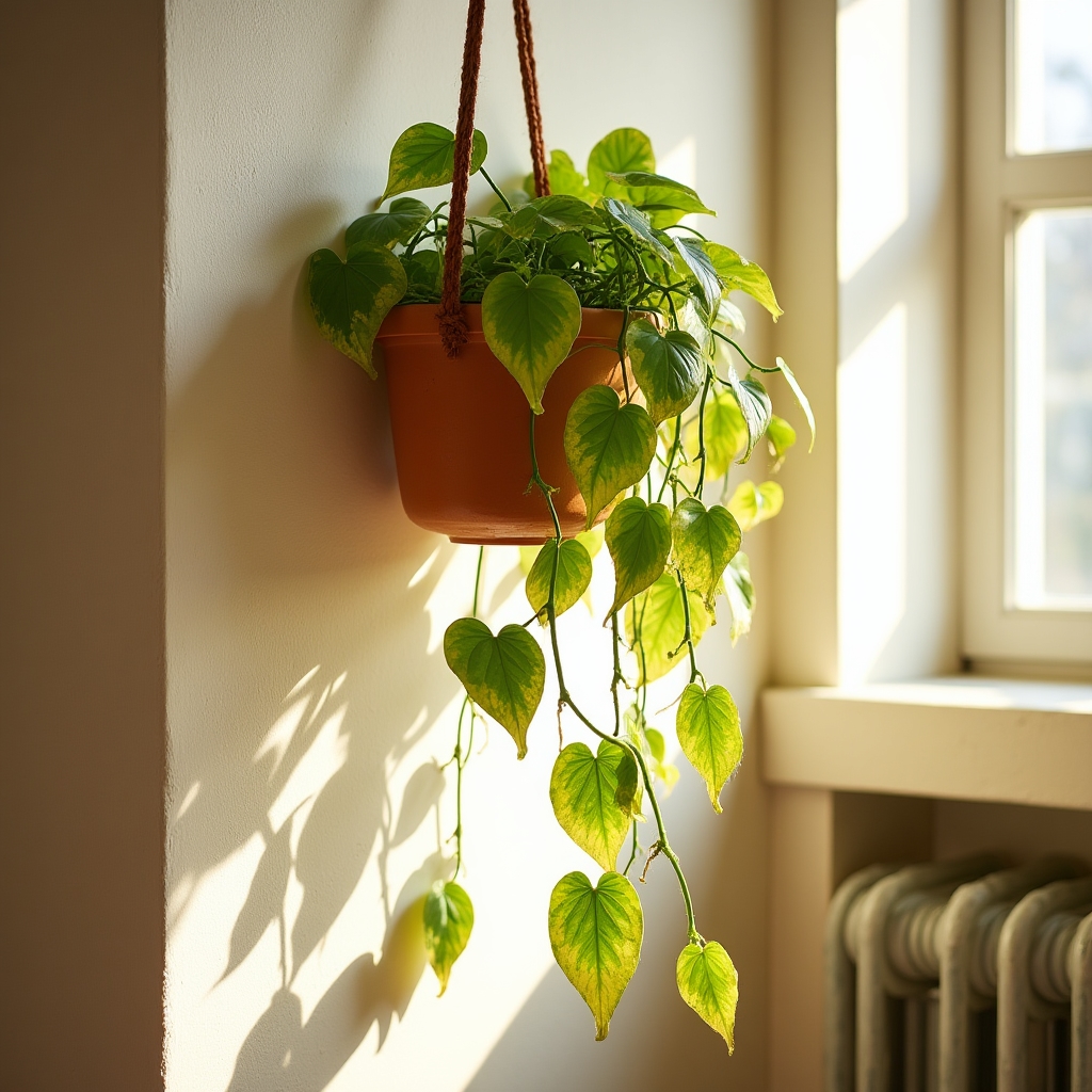 Golden Pothos plant with trailing heart-shaped leaves in a terracotta pot against a warm white wall