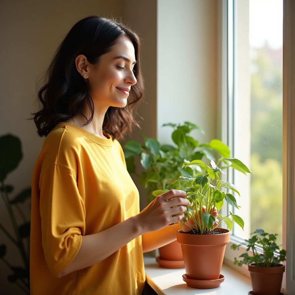 Person placing a newly arrived house plant on a bright windowsill in a modern apartment, looking pleased with the arrangement
