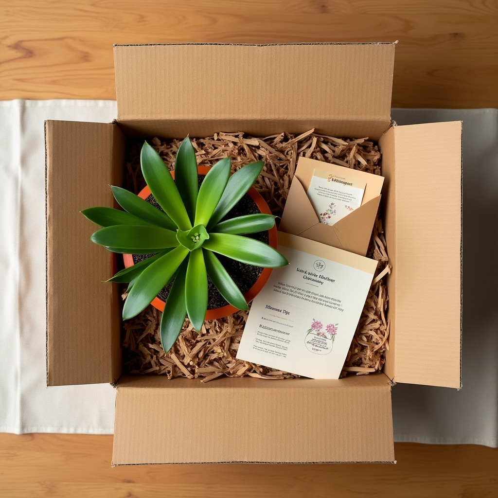 Open Totoka Wokapa subscription box revealing a healthy potted plant, care card envelope, and seasonal tip sheet on a linen surface